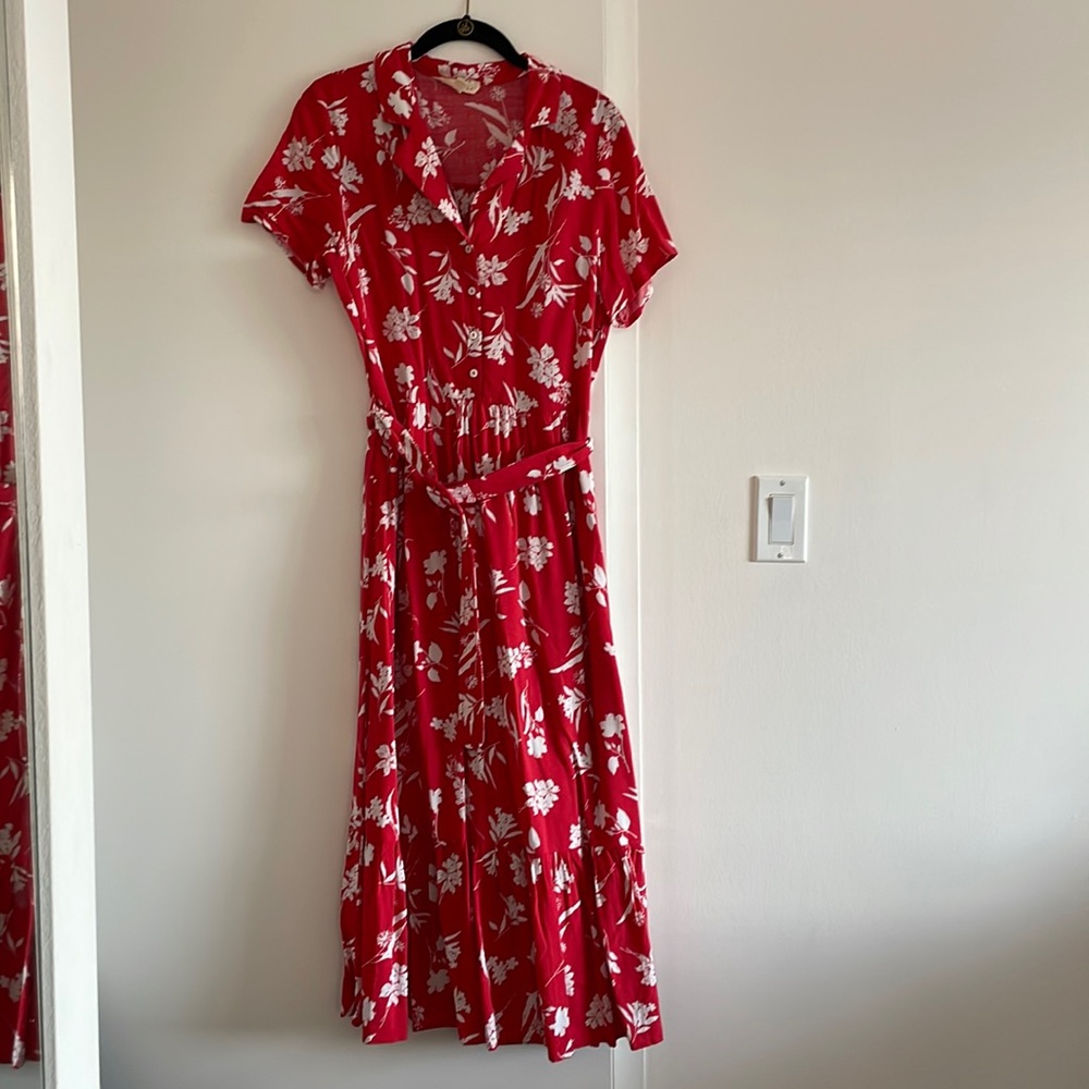 Red floral belted dress